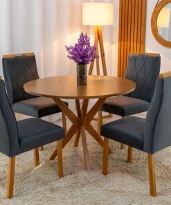 Mesa de Jantar Simpatia Tampo Redondo 108×108 Cinamomo JCM 4 Cad. Lisboa Veludo Cinza 507 Madeira Maciça Art Assento - Entregue Montada