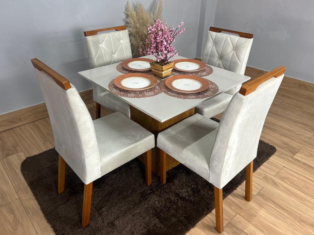 Mesa de Jantar Dakota Plus 90x90 c/ 4 Cadeiras Jasmim - Cinamomo/Off White/Bege Veludo - Imagem 2