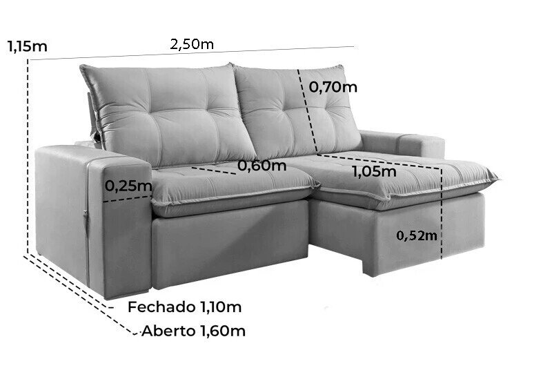 Sofá Retrátil Reclinável 2.50m Santiago Veludo Cinza 526 - Molas Ensacadas - Imagem 9