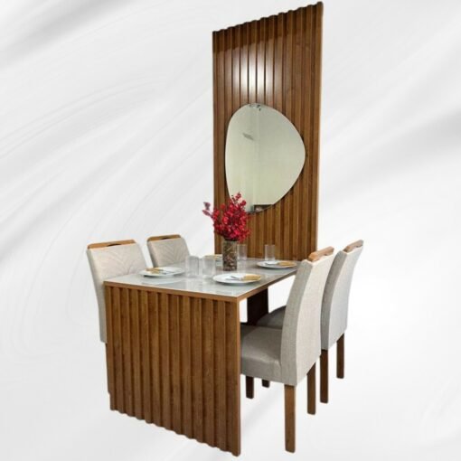 Mesa Jantar Cancun 120×90 C/Espelho 4 Cadeiras Linho Bege 178 Cel Móveis - Imagem 2
