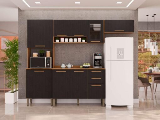 Cozinha Completa New Valência com Aéreo 3 portas Reflecta 4 peças - Cinamomo/Preto