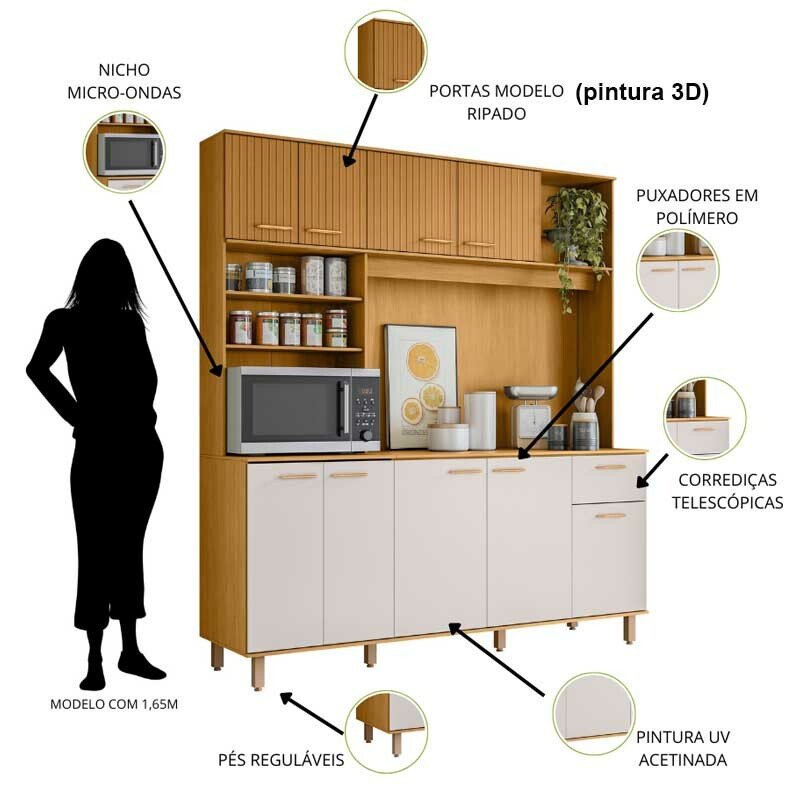 Kit Cozinha Núria Ripado 3D 9 Portas 1 Gaveta Larg. 1.80m Freijó/Off Poliman - Imagem 4
