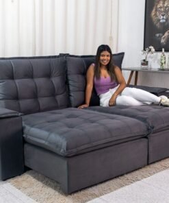 Sofá Retrátil Reclinável Atenas 2.30m Veludo Cinza 814 - D33 e Molas Ensacadas