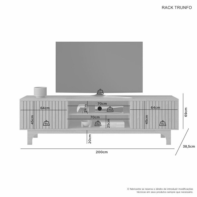 Rack Bancada Triunfo Cinamomo Ripado TV até 70 Polegadas Larg. 2.00m - JCM - Imagem 3
