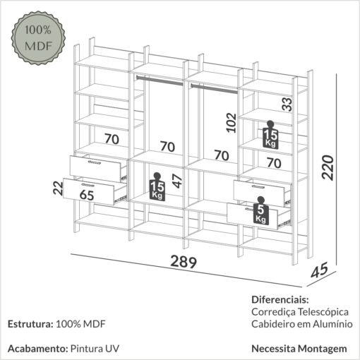 Closet 4 Torres TW406 2,89 m Off White/Freijó - DALLA COSTA - Imagem 2