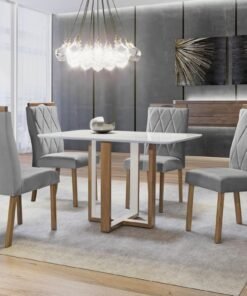 Mesa Atlas Mel/Off White Canto Copo 120×80 com 4 Cadeiras Lisboa Cinza – ART ASSENTOS