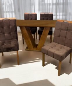 Mesa Classic 120 Cinamomo Laminado com 4 Cadeiras Sophia Mel/Veludo Marrom – CEL MÓVEIS + WM DECOR