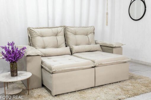 Sofá Retrátil Reclinável Grécia 2.00m Veludo Bege - Sem caixa + Rack Lazuli Off White TV até 55 Pol. Larg. 1.35m Bechara - Imagem 3