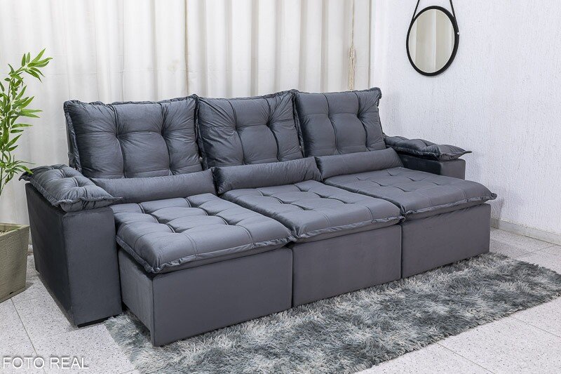 Sofá Retrátil Reclinável Grécia Veludo Cinza Larg. 2.70m - Sem Caixa - Imagem 3