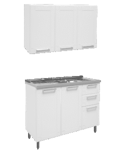 Armário Aéreo 3 Portas 6009590 + Balcão 2 Gavetas 6015590 Múltipla + Tampo Pia Branco - BERTOLINI