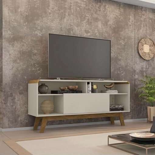 Sofá Retrátil Reclinável Grécia 2.00m Veludo Bege - Sem caixa + Rack Lazuli Off White TV até 55 Pol. Larg. 1.35m Bechara - Imagem 2