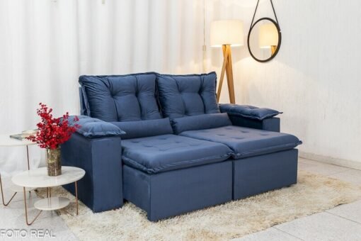 Sofá Retrátil Reclinável Grécia Veludo Azul Larg. 2.00m - Sem caixa