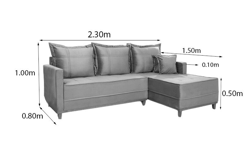 Sofá 3 Lug. Milão C/Chaise Lado Esquerdo Veludo Cinza 814 Larg. 2.30m - Molas Ensacadas - Imagem 7