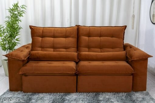 Sofá Retrátil Reclinável Emanuelly Veludo Terracota Larg.  2.00m - D28 Soft e Molas bonnel - Imagem 5