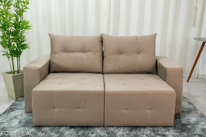 Sofá Retrátil 3 Lugares Havaí Larg. 1.80m Veludinho Bege 10 - Imagem 3