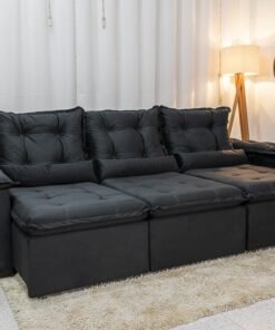 Sofá Retrátil Reclinável Grécia Veludo Preto Larg. 2.70m - Sem Caixa
