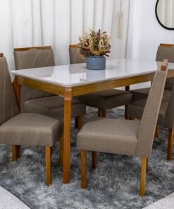 Mesa de Jantar Alegra Tampo Vidro Off 160×80 6 Cadeiras Diamante Linho Capuccino 29033 JCM Madeira Maciça