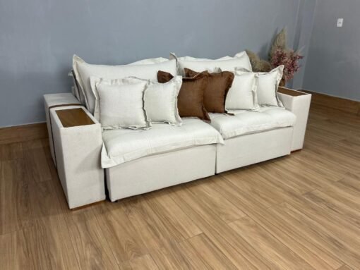 Sofá Cama Retrátil Reclinável Gabriella 2,30m - Bege Linho / Marrom Courino - Imagem 2