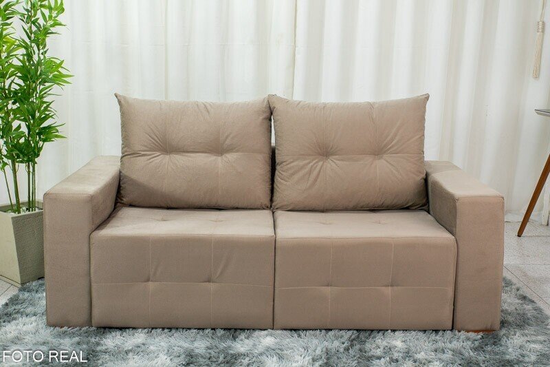 Sofá Retrátil 3 Lugares Havaí Larg. 1.80m Veludinho Bege 10 - Imagem 5