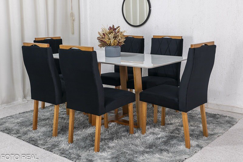 Mesa de Jantar Pedro Mel Vidro Off 160×80 6 Cadeiras Lisboa Veludo Preto 504 Madeira Maciça Art Assento - Entregue Montada - Imagem 2