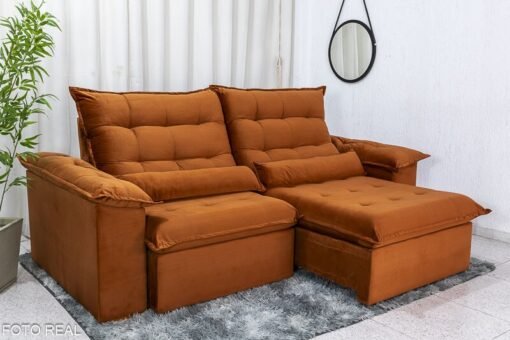 Sofá Retrátil Reclinável Emanuelly Veludo Terracota Larg.  2.00m - D28 Soft e Molas bonnel - Imagem 2