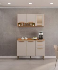 Combo Armário de Cozinha Aéreo  3 portas Reflecta + Balcão 1.20m New Valência - Cinamomo/ Off White