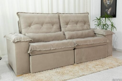 Sofá Retrátil Reclinável Califórnia 2.50m Veludo 525 Bege - D28 Hiper soft - Imagem 7