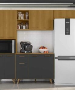 Armário Cozinha Olinda Ripado 3D 4 Peças Paneleiro + Aéreo 1.05m + Balcão e Aéreo de Geladeira Freijó/Grafite Poliman