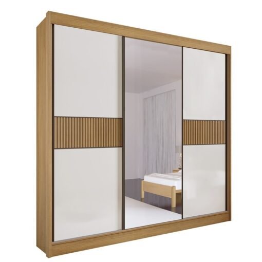 Roupeiro Casal Los Angeles Cinamomo/Off 3 Portas 6 Gavetas C/ 1 Espelho Detalhe Ripado Portas Flex 100% MDF Larg. 2.73m - D Doro - Imagem 3