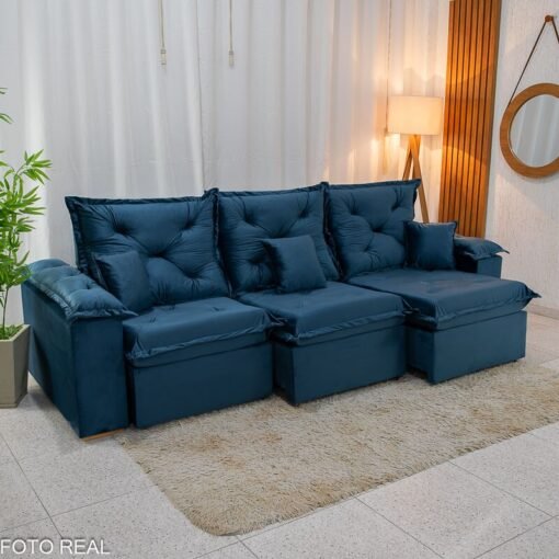 Sofá Retrátil Reclinável Porto Madri 2.70m Veludo Azul - D28 Pró Aditivada - Imagem 2
