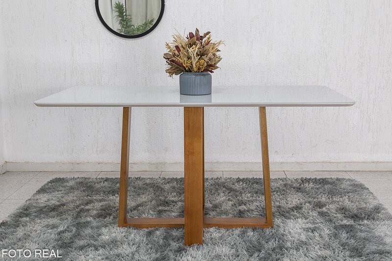 Mesa de Jantar Pedro Mel Vidro Off 160×80 6 Cadeiras Lisboa Veludo Preto 504 Madeira Maciça Art Assento - Entregue Montada - Imagem 6