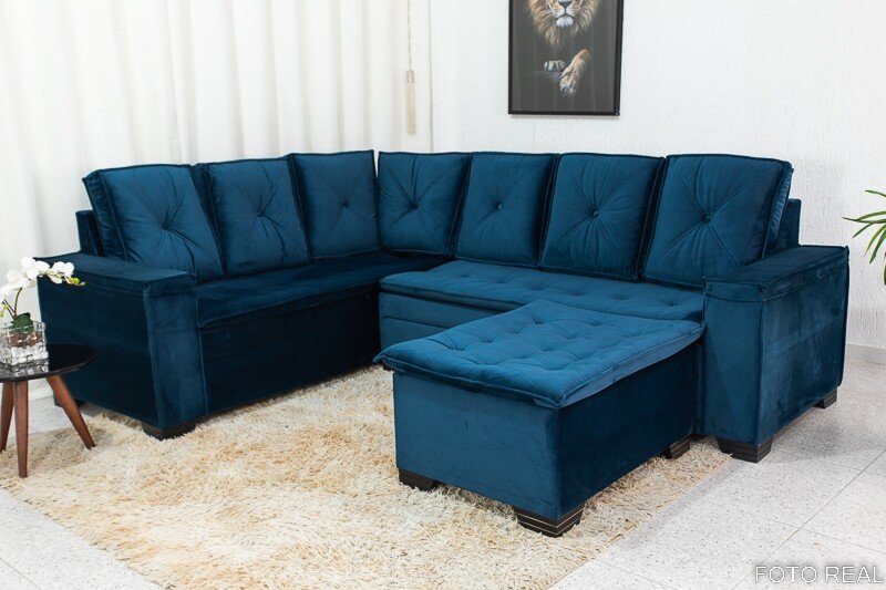 Sofá Canto 5 lugares com Puff Alemanha Veludo Azul A16 - Imagem 4