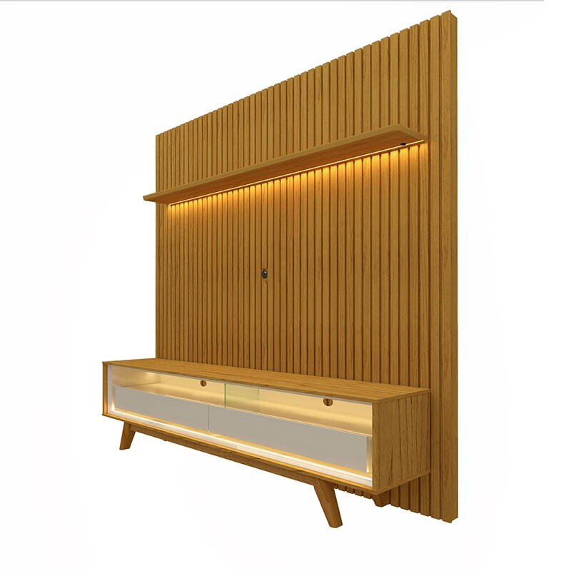 Rack Requinte Naturale/off Larg. 1.72m + Painel Nobre Naturale Ripado C/ Led 100% MDF TV até 85 Polegadas Larg. 1.85m - Gelius - Imagem 5