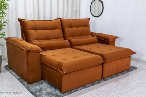 Sofá Retrátil Reclinável Emanuelly Veludo Terracota Larg.  2.00m - D28 Soft e Molas bonnel