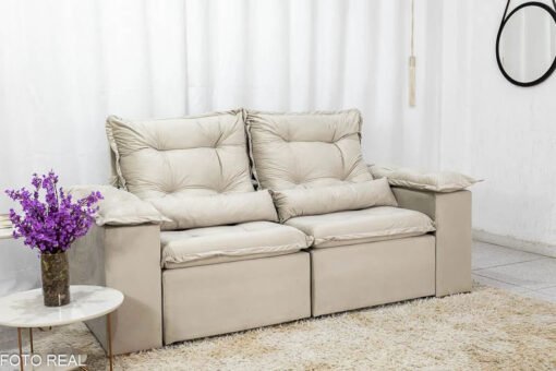 Sofá Retrátil Reclinável Grécia 2.00m Veludo Bege - Sem caixa + Rack Lazuli Off White TV até 55 Pol. Larg. 1.35m Bechara - Imagem 6