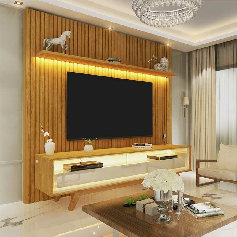 Rack Requinte Naturale/off Larg. 1.72m + Painel Nobre Naturale Ripado C/ Led 100% MDF TV até 85 Polegadas Larg. 1.85m - Gelius