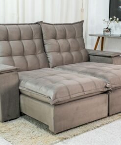 Sofá Retrátil Reclinável Atenas 2.10m Veludo Cinza 813 D33 e Molas Ensacadas