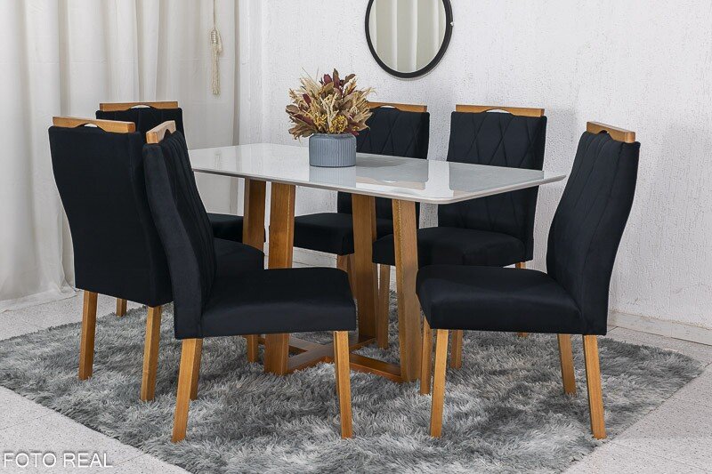 Mesa de Jantar Pedro Mel Vidro Off 160×80 6 Cadeiras Lisboa Veludo Preto 504 Madeira Maciça Art Assento - Entregue Montada