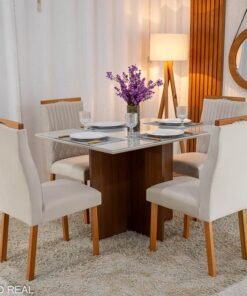 Mesa de Jantar Helo 120×90 Tampo MDF Vidro Off 4 Cad. Genova Veludo Bege 512 Madeira Maciça