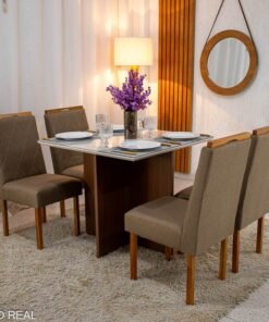 Mesa de Jantar Helo 90×90 Tampo MDF Vidro Off 4 Cad. Diamante Linho Capuccino 29033 Madeira Maciça