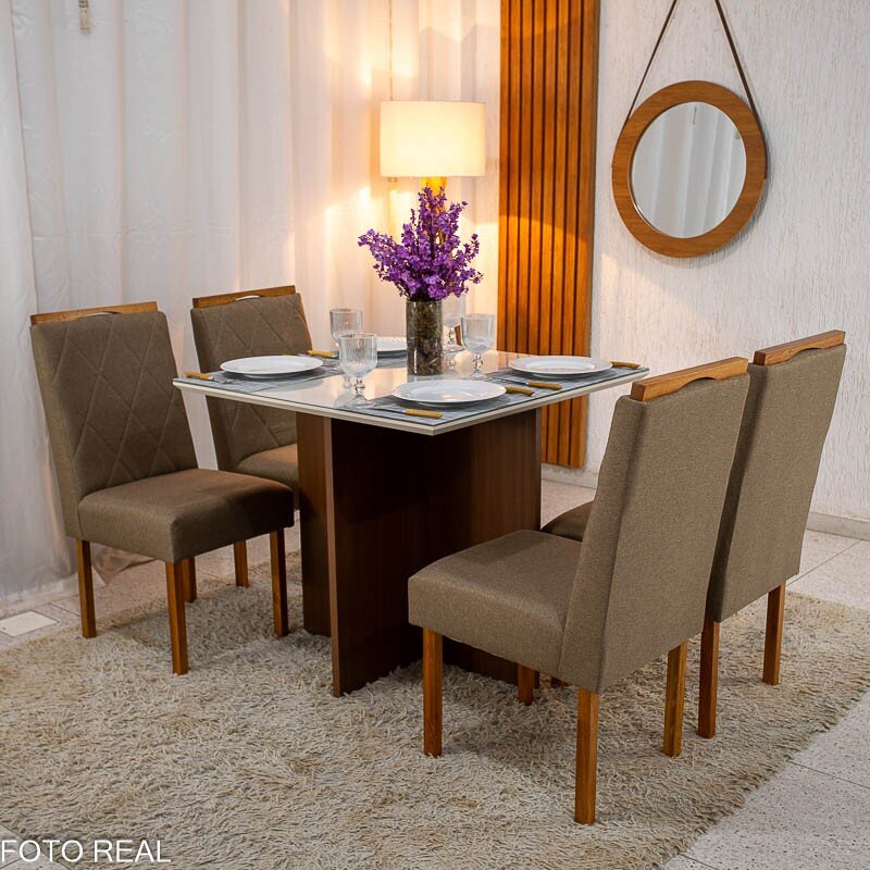 Mesa de Jantar Helo 90×90 Tampo MDF Vidro Off 4 Cad. Diamante Linho Capuccino 29033 Madeira Maciça