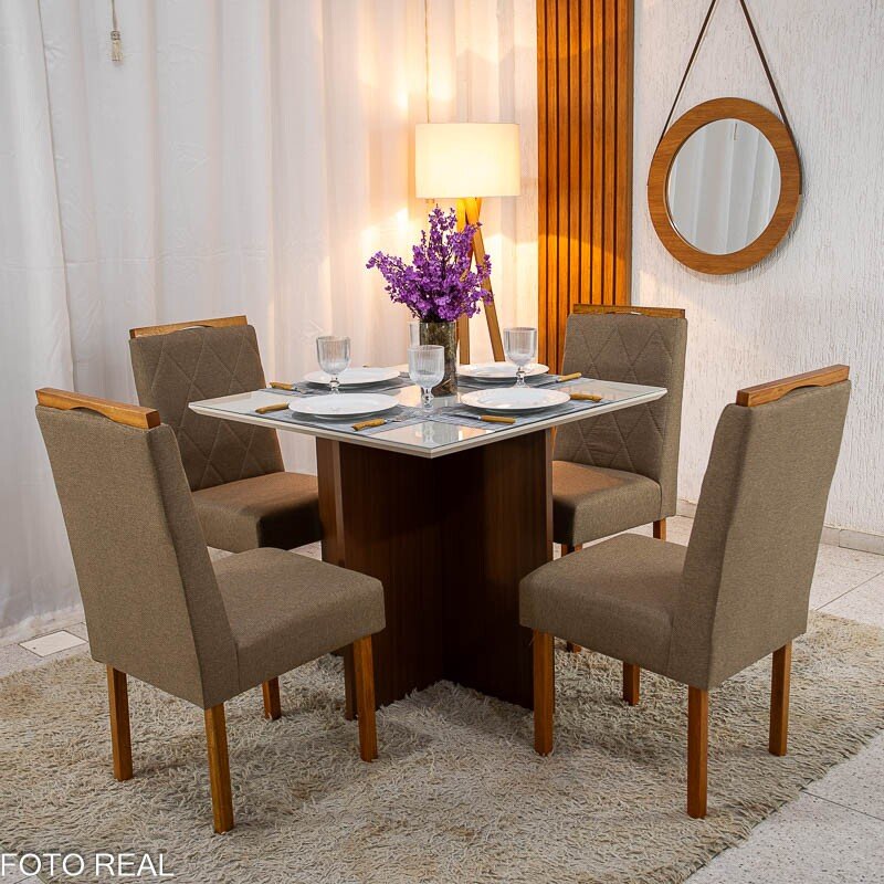 Mesa de Jantar Helo 90×90 Tampo MDF Vidro Off 4 Cad. Diamante Linho Capuccino 29033 Madeira Maciça - Imagem 2