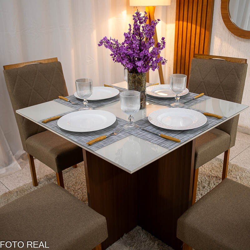 Mesa de Jantar Helo 90×90 Tampo MDF Vidro Off 4 Cad. Diamante Linho Capuccino 29033 Madeira Maciça - Imagem 3
