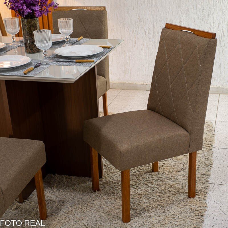 Mesa de Jantar Helo 90×90 Tampo MDF Vidro Off 4 Cad. Diamante Linho Capuccino 29033 Madeira Maciça - Imagem 4