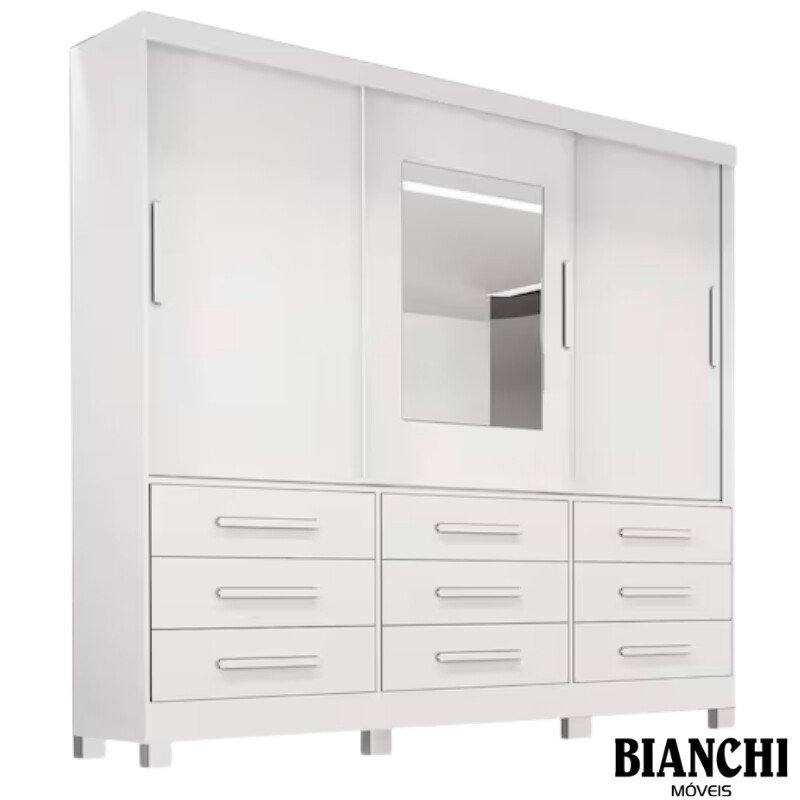 Roupeiro Casal Athenas Branco 3 Portas 9 Gavetas C/ Espelho e Pés Larg. 1.80m - Bianchi