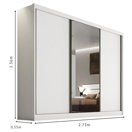 Roupeiro Casal Sollo Plus Neve 3 Portas 6 Gavetas C/ 1 Espelho 100% MDF Larg. 2.73m - Novo Horizonte - Imagem 3