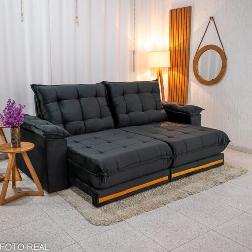 Sofá Retrátil Reclinável Barcelona 2.50m Veludo Preto 322 - D33 e Molas Ensacadas