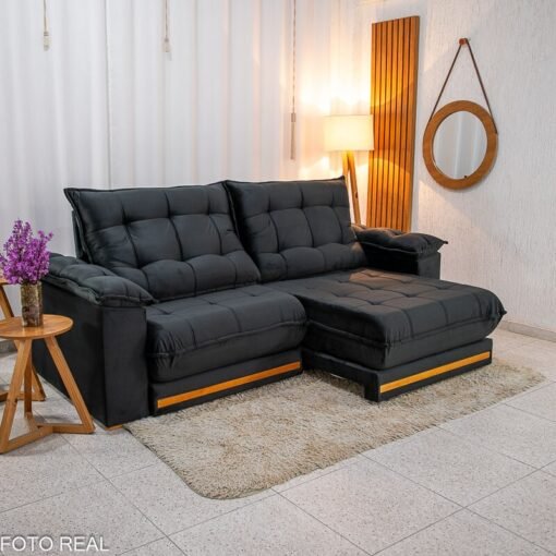 Sofá Retrátil Reclinável Barcelona 2.50m Veludo Preto 322 - D33 e Molas Ensacadas - Imagem 2