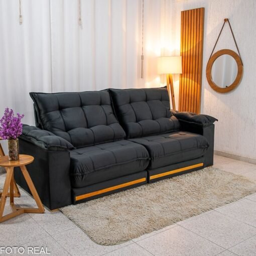 Sofá Retrátil Reclinável Barcelona 2.50m Veludo Preto 322 - D33 e Molas Ensacadas - Imagem 3