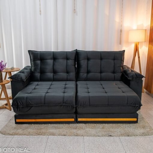 Sofá Retrátil Reclinável Barcelona 2.50m Veludo Preto 322 - D33 e Molas Ensacadas - Imagem 4